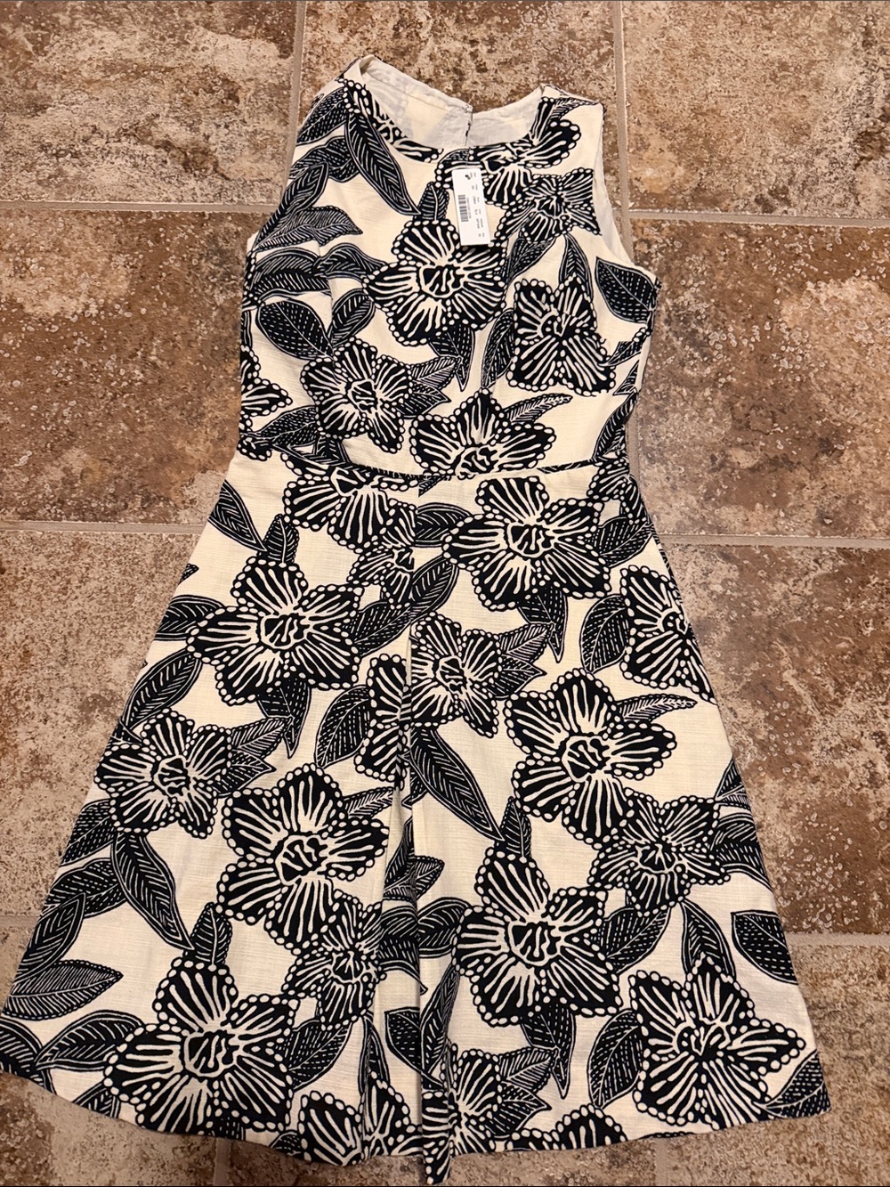 J Crew Sleeveless White Dress with Black Floral Print